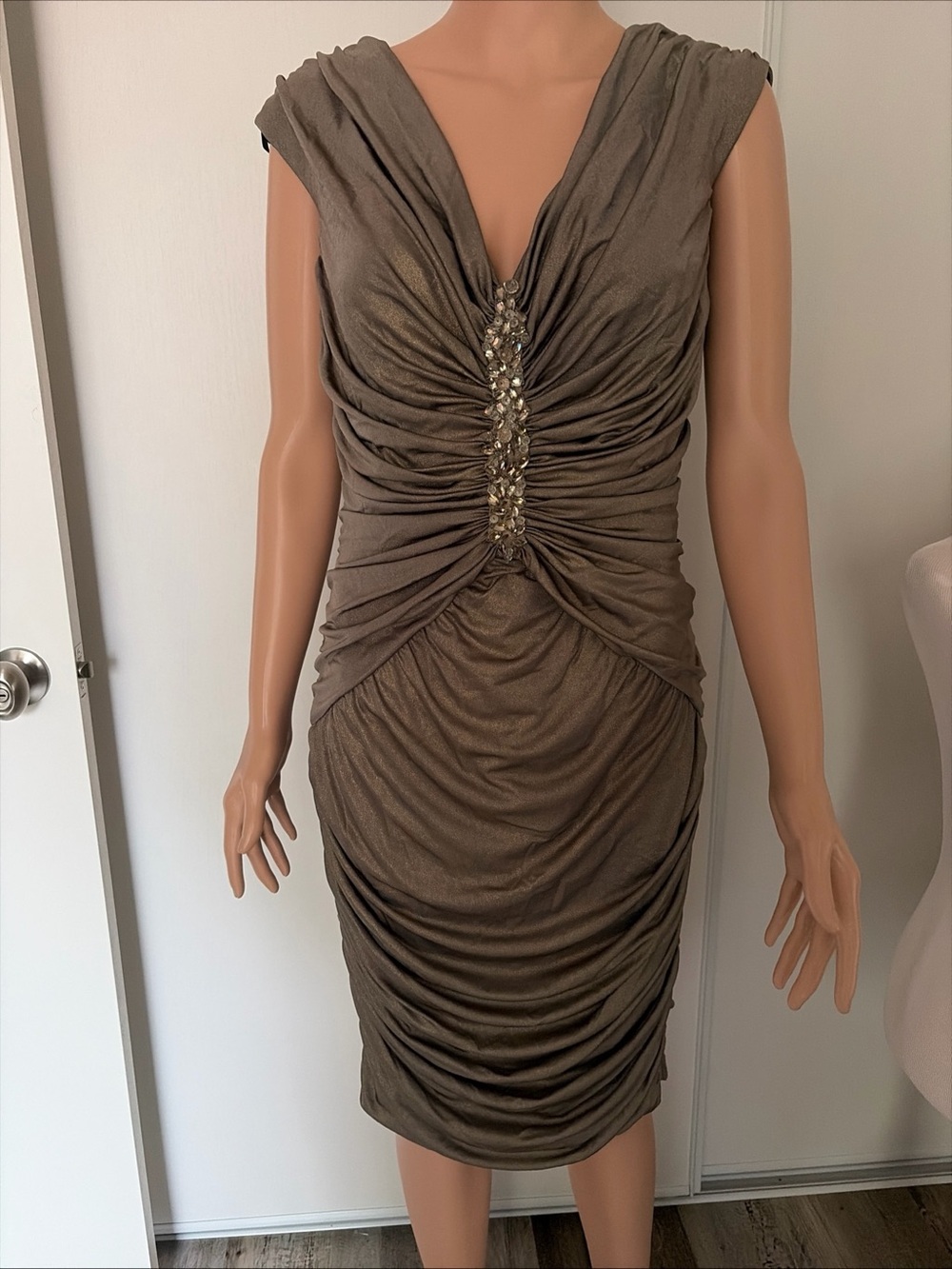 Cache Olive Ruched Midi Dress with Center Crystal Detail